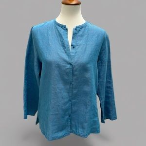 Eileen Fisher Tiny Collar Shirt Button Down Cross Dyed Irish Linen Blue NWT XS
